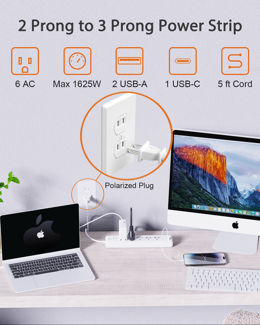 2 Prong Power Strip, WRXDMC 2 Prong to 3 Prong Outlet Adapter, 5ft Extension Cord with Polarized Plug, 1680J Surge Protector, 5 AC Outlets & 3 USB, Wall Mountable, Ideal for Non-Grounded Outlets
