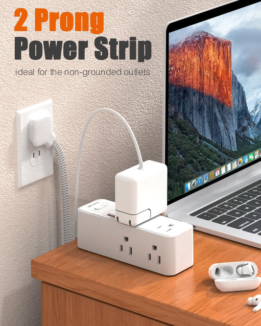 2 Prong Power Strip, WRXDMC 2 Prong to 3 Prong Outlet Adapter,1400J Two Prong Surge Protector,10ft Extension Cord, 6 AC Outlets with 1 USB C Ports and 2 USB A Port, Wall Mountable, Ideal for Old House
