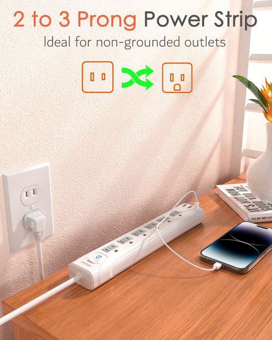 2 Prong Power Strip, WRXDMC 2 Prong to 3 Prong Outlet Adapter, 1680J Surge Protector, 1625W, 5ft Extension Cord with Flat Plug Polarized Plug, 6 AC Outlets & 3 USB, Wall Mountable, Ideal for Old House