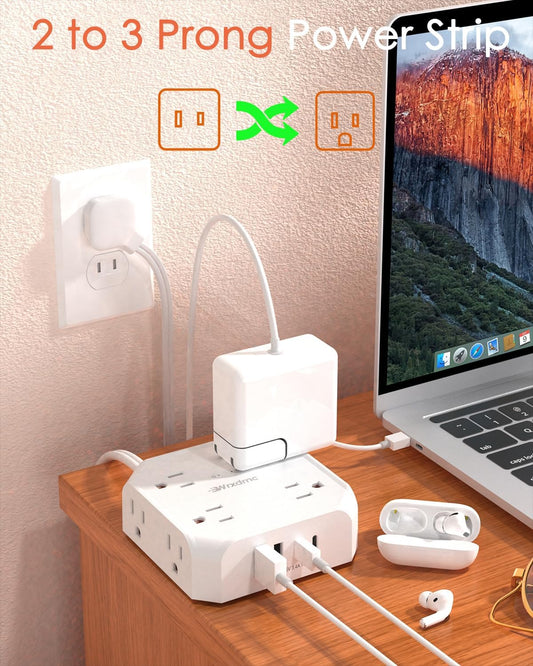 2 Prong Power Strip, WRXDMC 2 Prong to 3 Prong Outlet Adapter, 1400J Two Prong Surge Protector, 5ft Extension Cord, 8 AC Outlets with 2 USB C Port and 2 USB A Port, Wall Mountable, Ideal for Old House