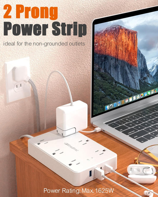 2 Prong Power Strip, WRXDMC 2 Prong to 3 Prong Outlet Adapter, 1400J Two Prong Surge Protector, 6ft Braided Extension Cord with Thin Flat Polarized Plug, 6 AC&4 USB, Wall Mount for Non-Grounded Outlet