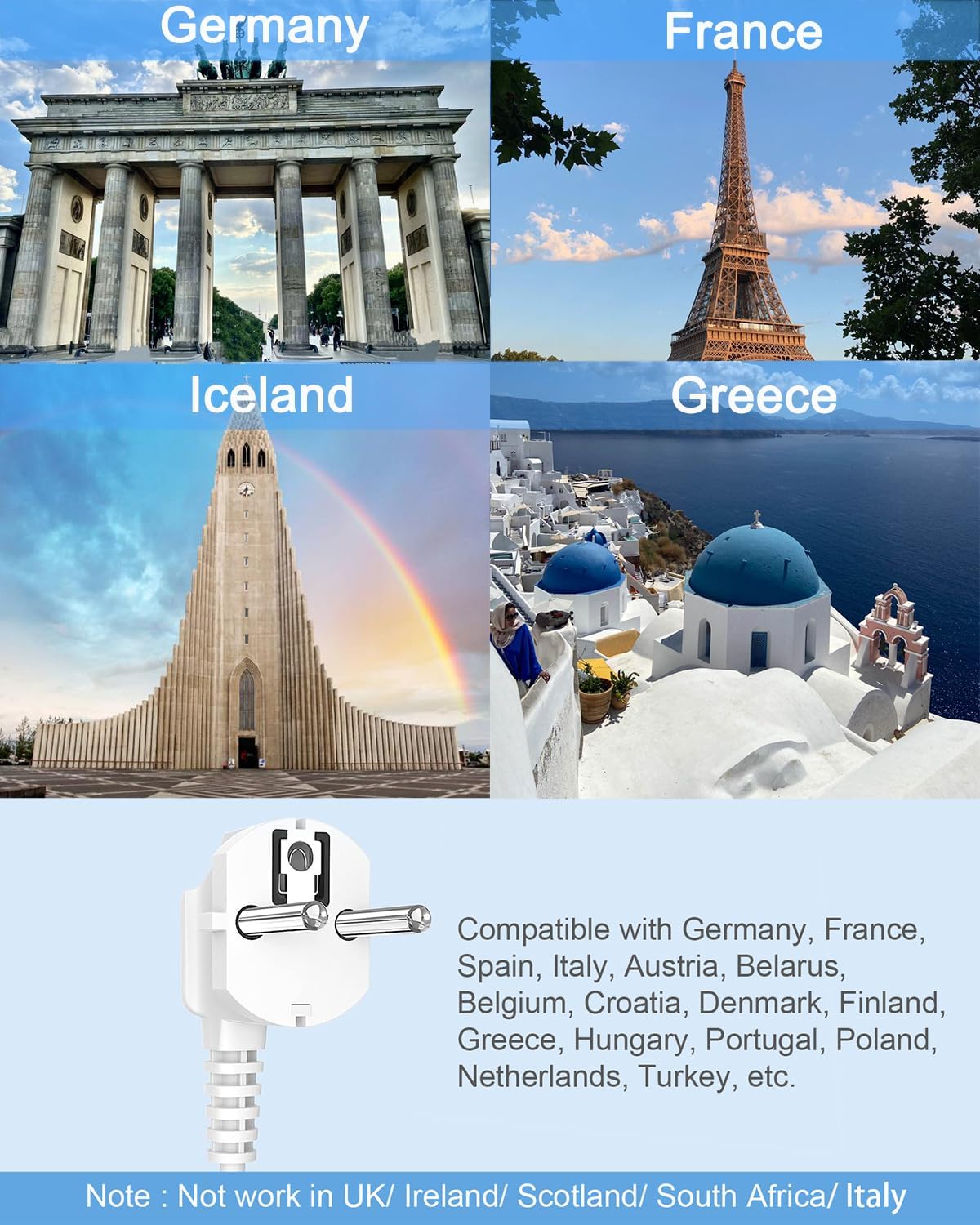 European Travel Plug Adapter with USB, WRXDMC Adapters for Travel Europe, US to Europe International Power Adapter Travel Essentials with 6 Outlets 3 USB for EU Spain France Germany Iceland Greece