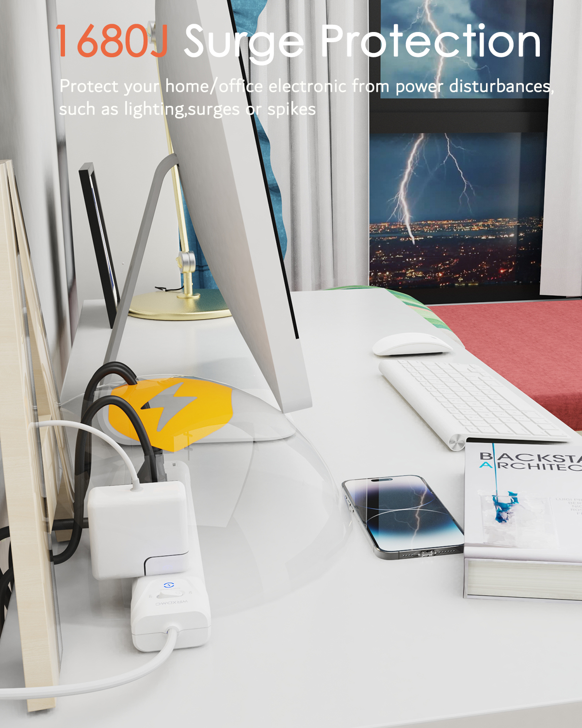 2 Prong Power Strip, WRXDMC 2 Prong to 3 Prong Outlet Adapter, 1680J Surge Protector, 1625W, 5ft Extension Cord with Flat Plug Polarized Plug, 6 AC Outlets & 3 USB, Wall Mountable, Ideal for Old House