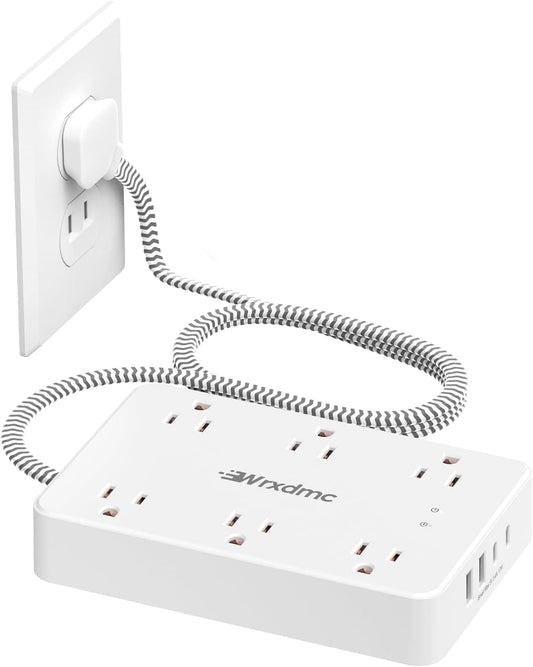 2 Prong Power Strip, WRXDMC 2 Prong to 3 Prong Outlet Adapter, 1400J Two Prong Surge Protector, 6ft Braided Extension Cord with Thin Flat Polarized Plug, 6 AC&4 USB, Wall Mount for Non-Grounded Outlet
