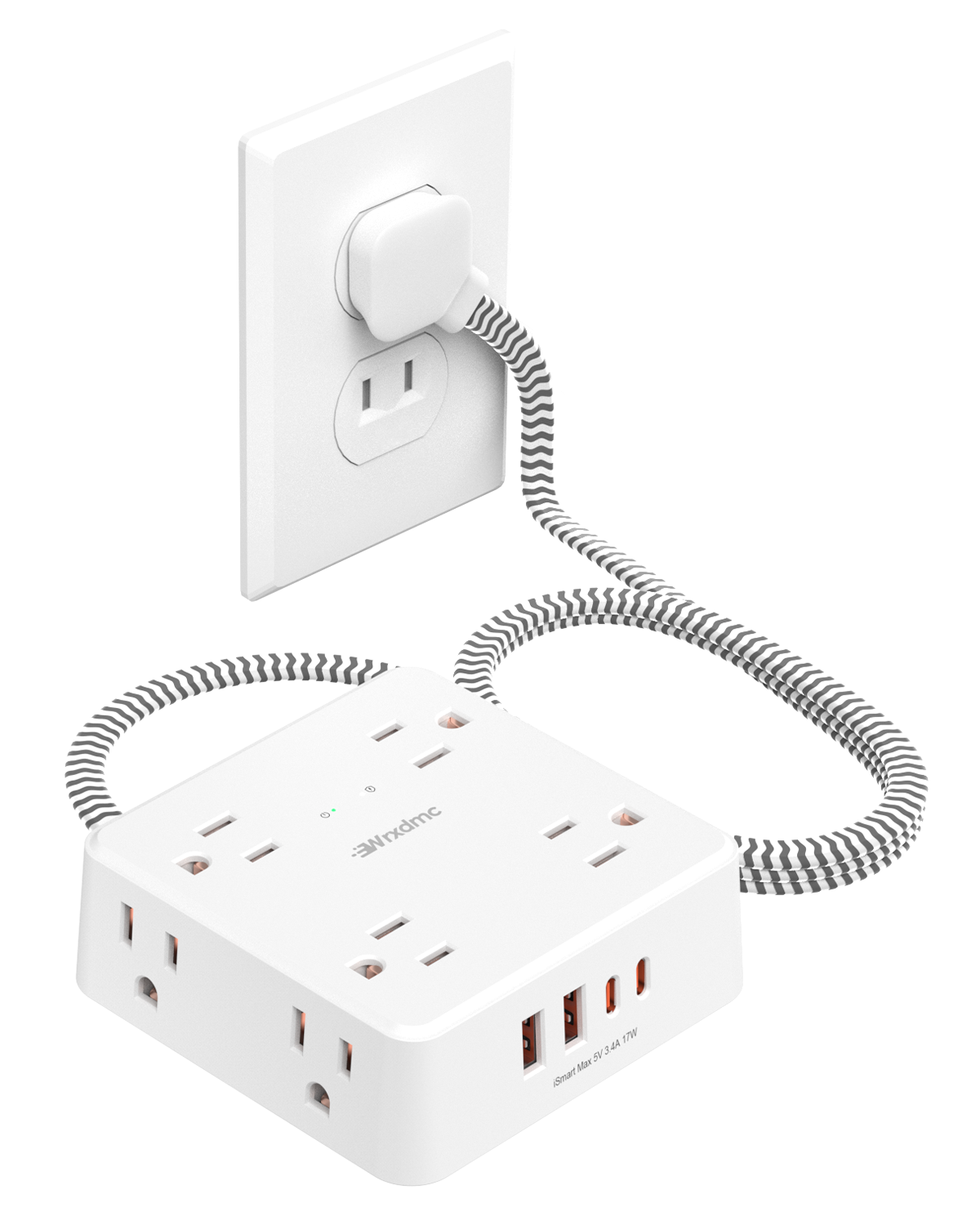 2 Prong Power Strip, WRXDMC 2 Prong to 3 Prong Outlet Adapter, 1400J Two Prong Surge Protector, 5ft Braided Extension Cord with Thin Flat Polarized Plug, 8 AC&4 USB, Wall Mountable for Old House