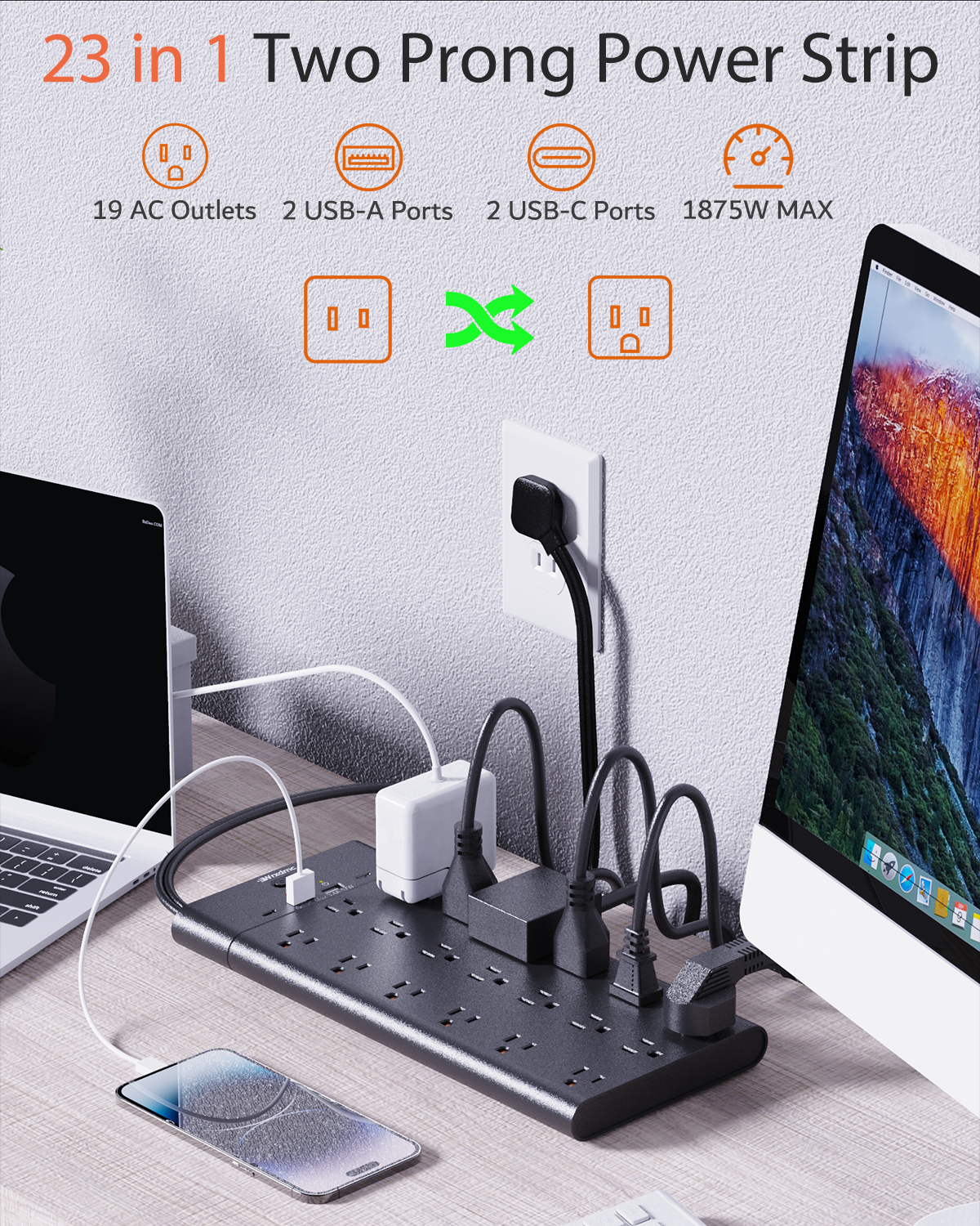 2 Prong Power Strip, WRXDMC 2 Prong to 3 Prong Outlet Adapter, 3600 Joules Surge Protector, 6 Feet Flat Plug Heavy Duty Extension Cord with 19 Widely Outlets, 4 USB Ports, 1875W, Black