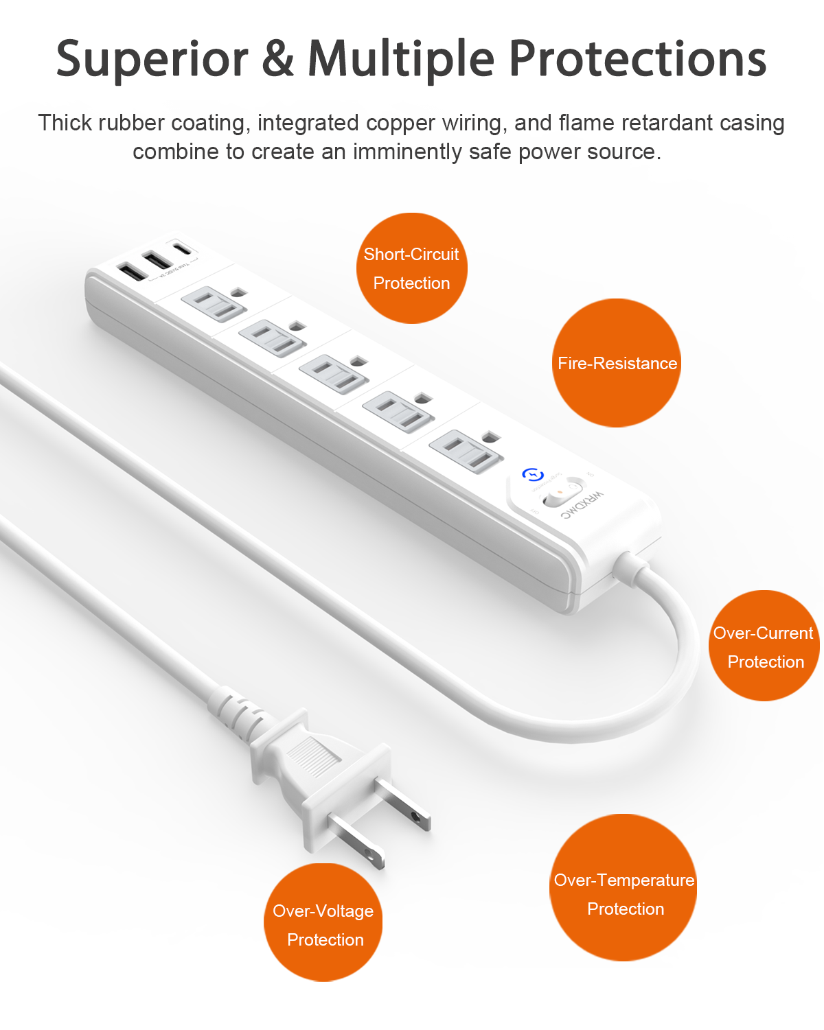 2 Prong Power Strip, WRXDMC 2 Prong to 3 Prong Outlet Adapter, 5ft Extension Cord with Polarized Plug, 1680J Surge Protector, 5 AC Outlets & 3 USB, Wall Mountable, Ideal for Non-Grounded Outlets