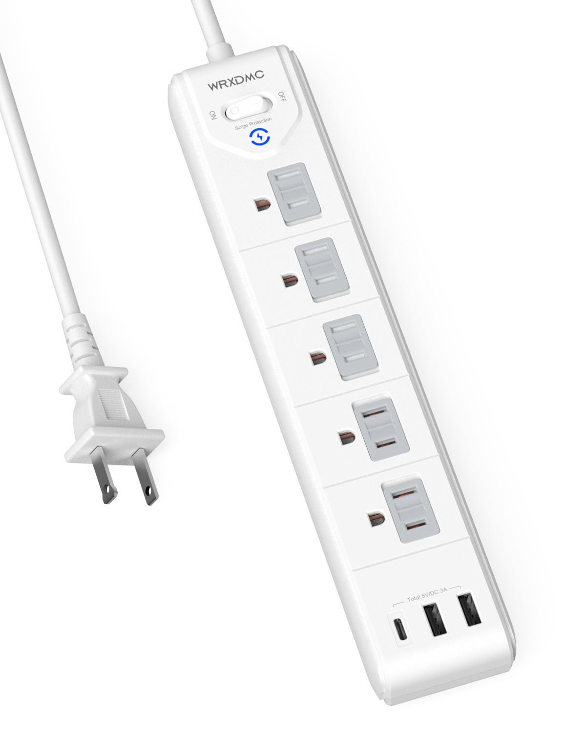 2 Prong Power Strip, WRXDMC 2 Prong to 3 Prong Outlet Adapter, 5ft Extension Cord with Polarized Plug, 1680J Surge Protector, 5 AC Outlets & 3 USB, Wall Mountable, Ideal for Non-Grounded Outlets