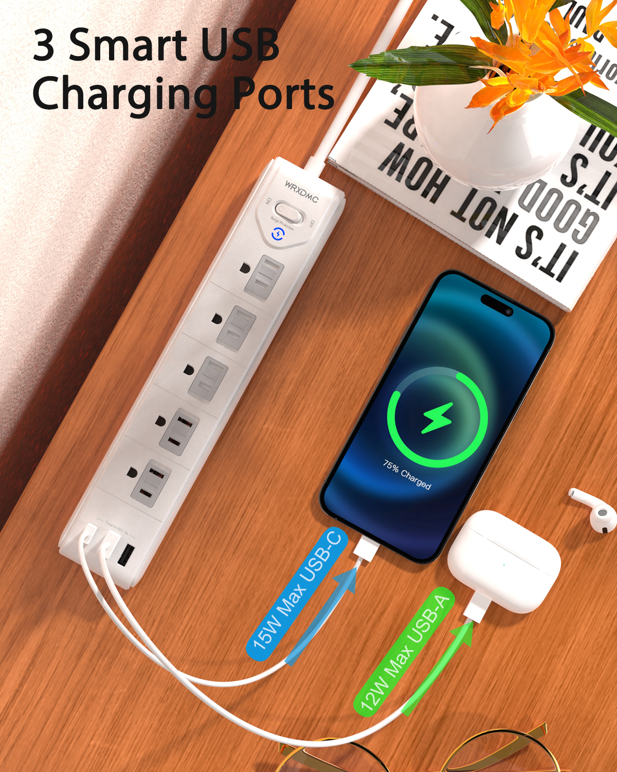 2 Prong Power Strip, WRXDMC 2 Prong to 3 Prong Outlet Adapter, 5ft Extension Cord with Polarized Plug, 1680J Surge Protector, 5 AC Outlets & 3 USB, Wall Mountable, Ideal for Non-Grounded Outlets