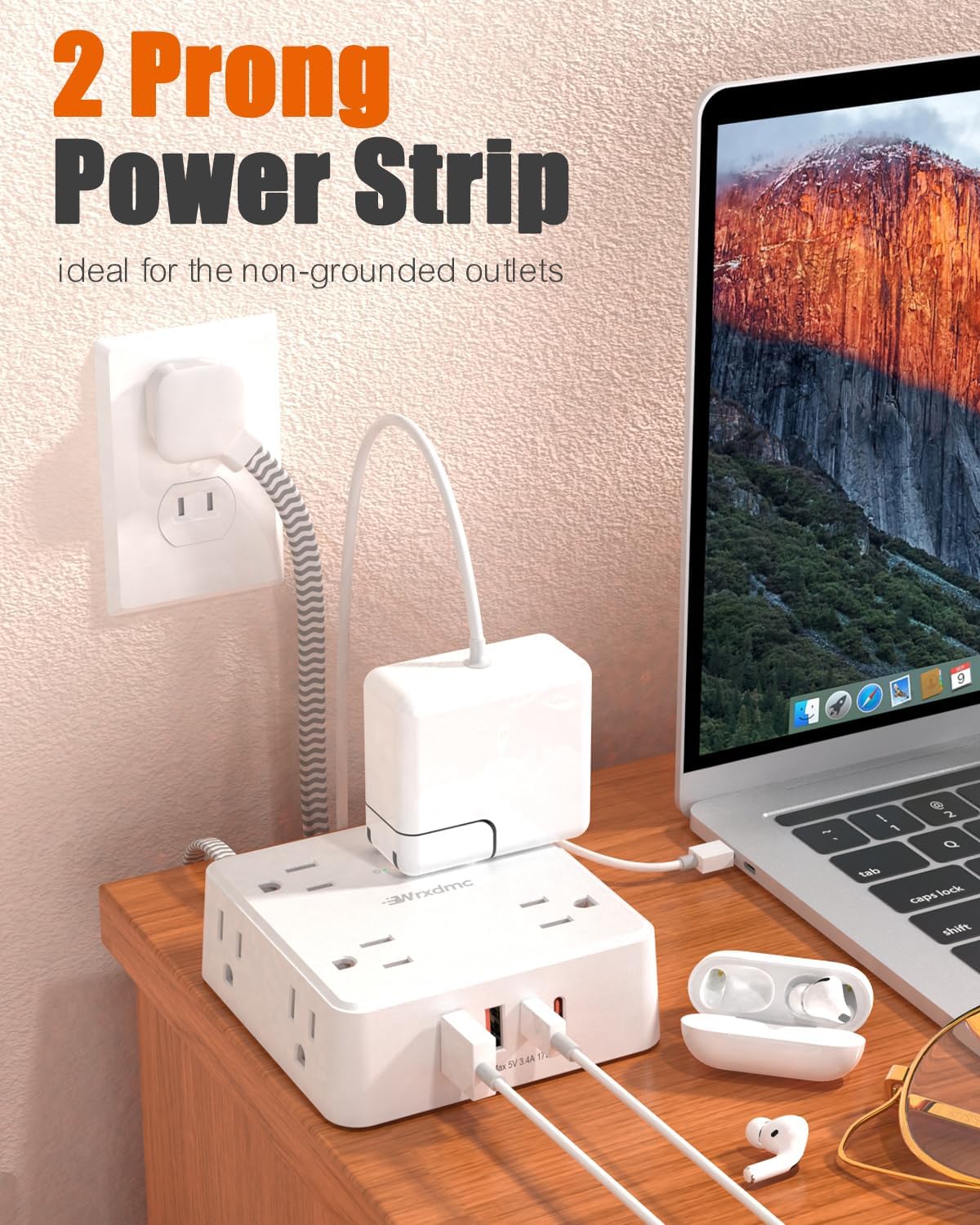 2 Prong Power Strip, WRXDMC 2 Prong to 3 Prong Outlet Adapter, 1400J Two Prong Surge Protector, 5ft Braided Extension Cord with Thin Flat Polarized Plug, 8 AC&4 USB, Wall Mountable for Old House