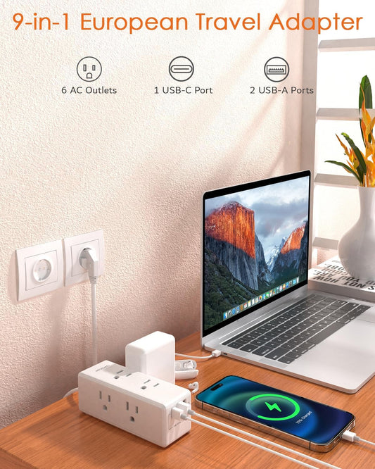 European Travel Plug Adapter with USB, WRXDMC Adapters for Travel Europe, US to Europe International Power Adapter Travel Essentials with 6 Outlets 3 USB for EU Spain France Germany Iceland Greece
