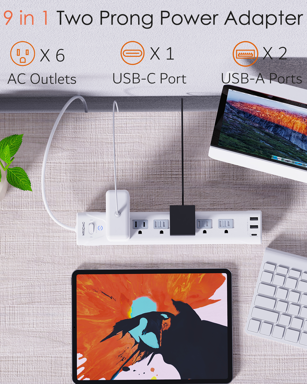 2 Prong Power Strip, WRXDMC 2 Prong to 3 Prong Outlet Adapter, 1680J Surge Protector, 1625W, 5ft Extension Cord with Flat Plug Polarized Plug, 6 AC Outlets & 3 USB, Wall Mountable, Ideal for Old House