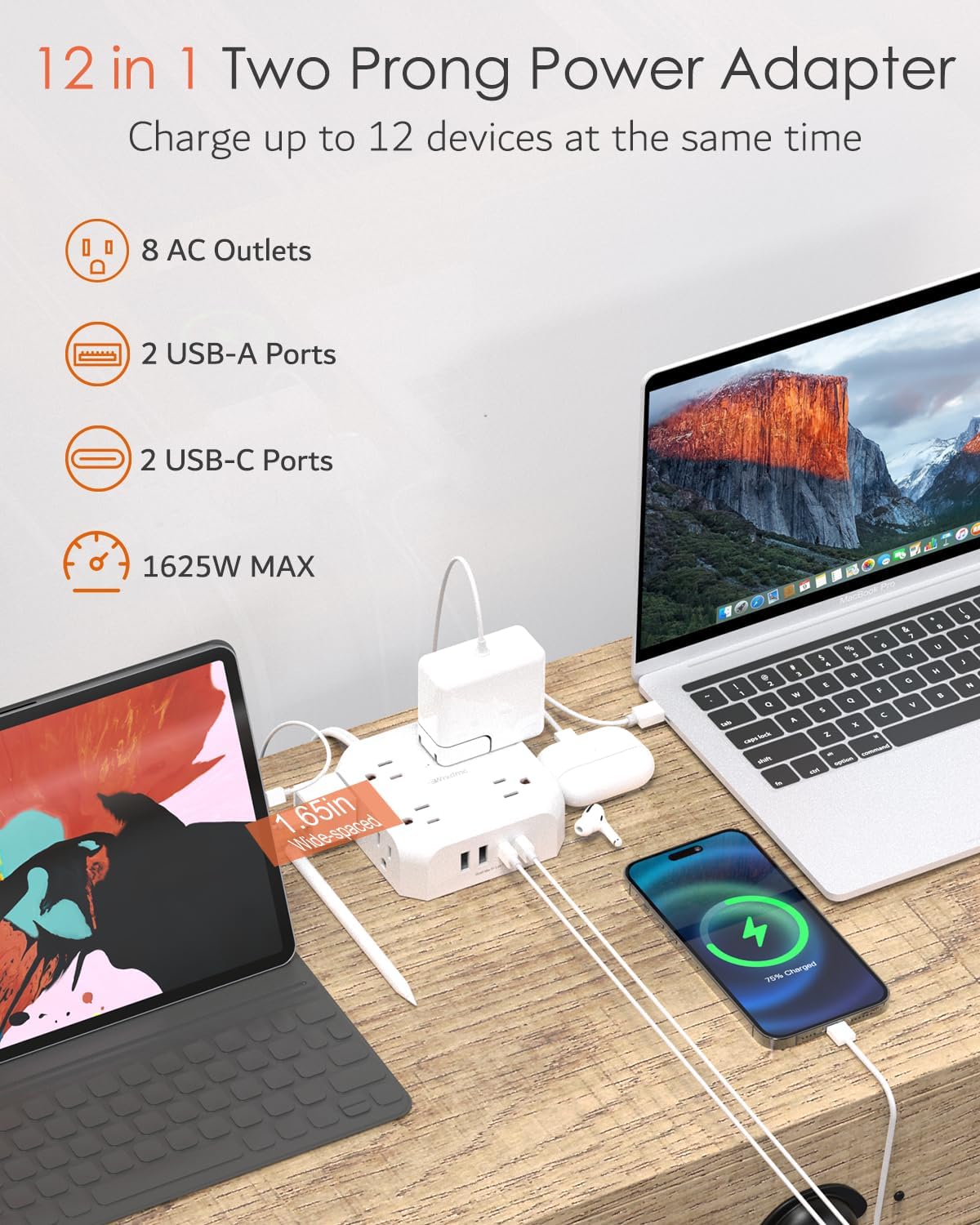 2 Prong Power Strip, WRXDMC 2 Prong to 3 Prong Outlet Adapter, 1400J Two Prong Surge Protector, 5ft Extension Cord, 8 AC Outlets with 2 USB C Port and 2 USB A Port, Wall Mountable, Ideal for Old House