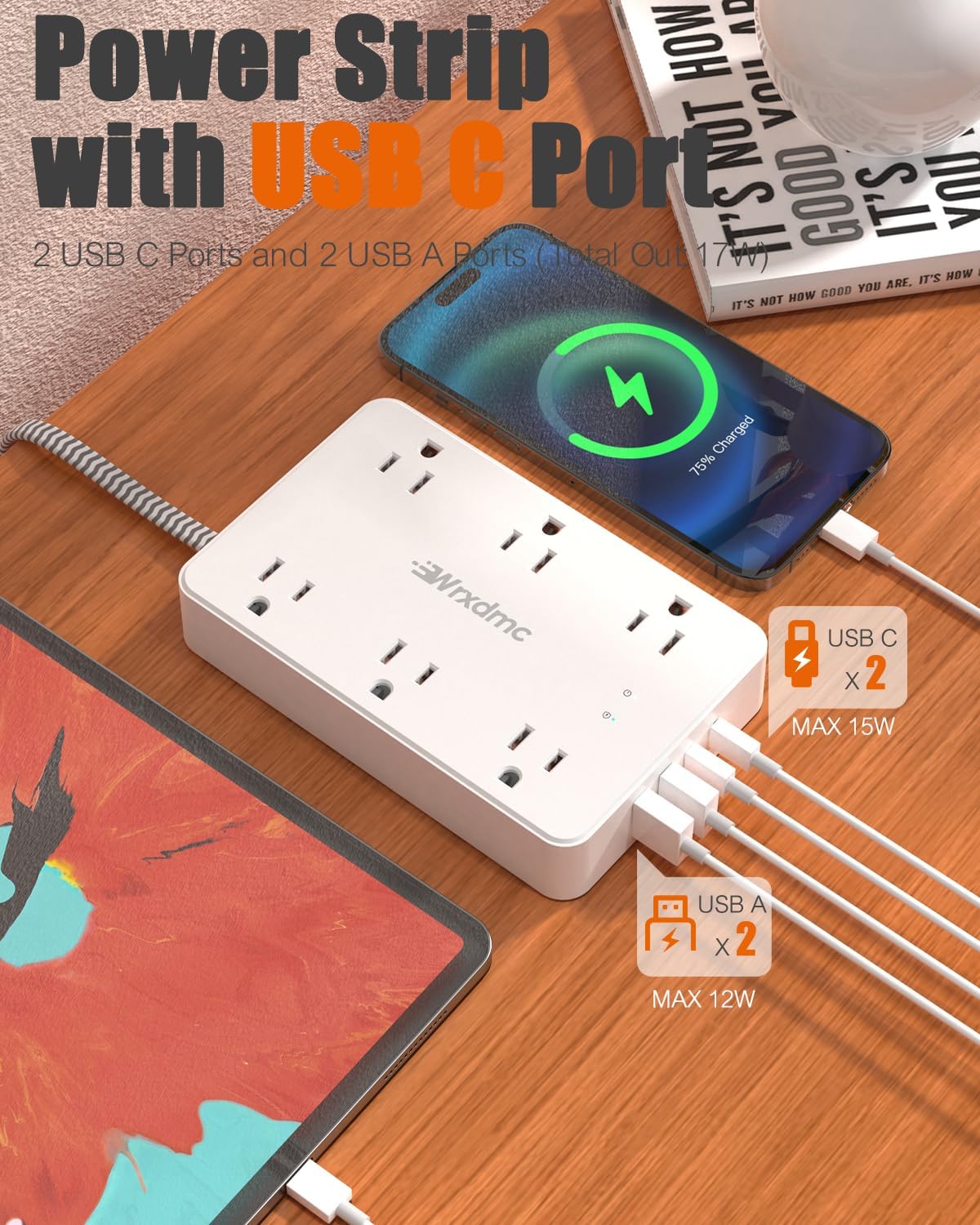 2 Prong Power Strip, WRXDMC 2 Prong to 3 Prong Outlet Adapter, 1400J Two Prong Surge Protector, 6ft Braided Extension Cord with Thin Flat Polarized Plug, 6 AC&4 USB, Wall Mount for Non-Grounded Outlet