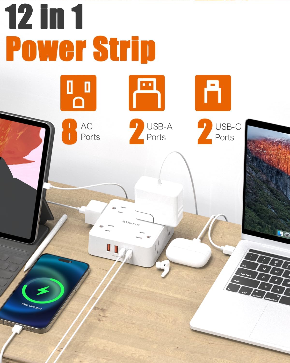 2 Prong Power Strip, WRXDMC 2 Prong to 3 Prong Outlet Adapter, 1400J Two Prong Surge Protector, 5ft Braided Extension Cord with Thin Flat Polarized Plug, 8 AC&4 USB, Wall Mountable for Old House