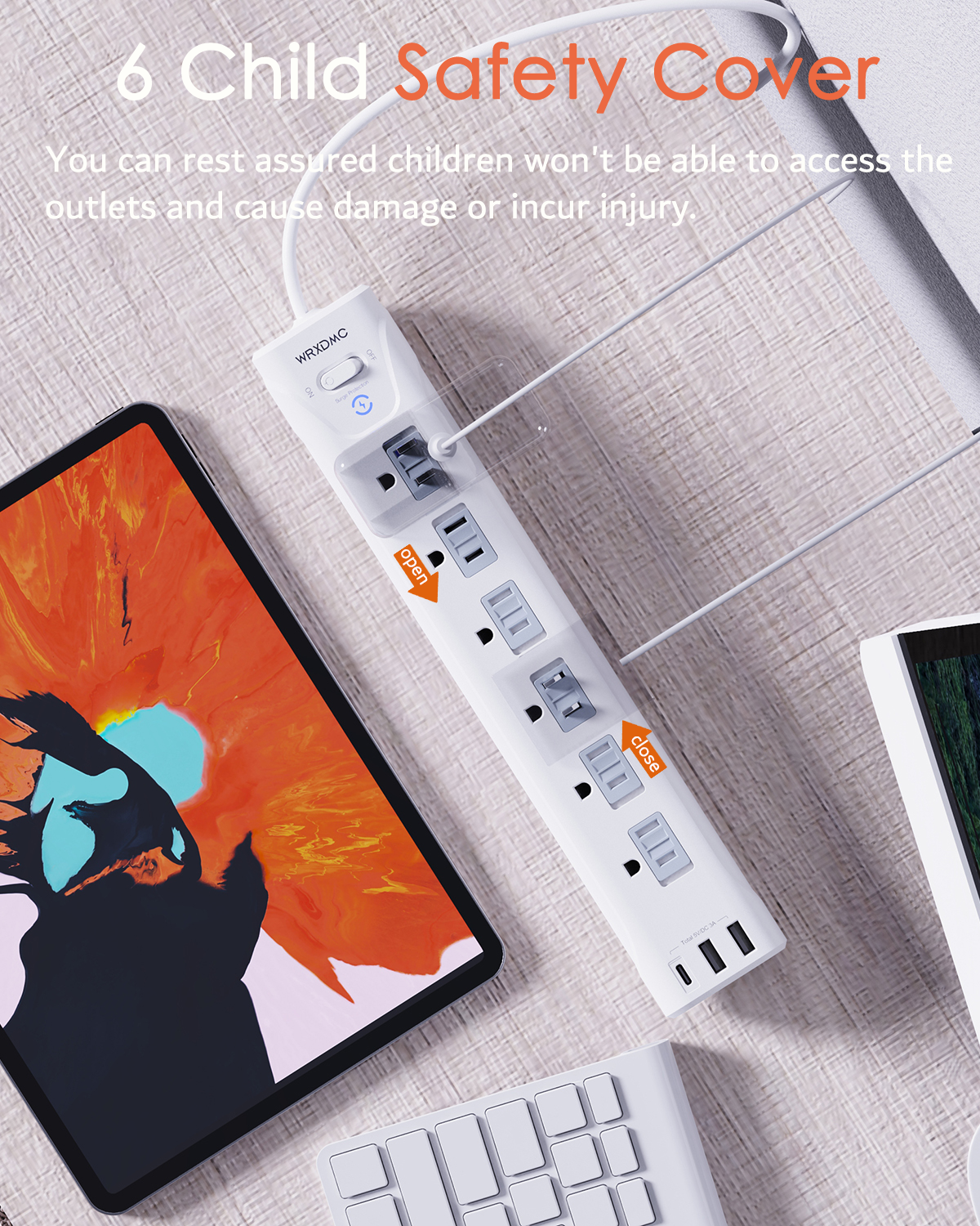 2 Prong Power Strip, WRXDMC 2 Prong to 3 Prong Outlet Adapter, 1680J Surge Protector, 1625W, 5ft Extension Cord with Flat Plug Polarized Plug, 6 AC Outlets & 3 USB, Wall Mountable, Ideal for Old House