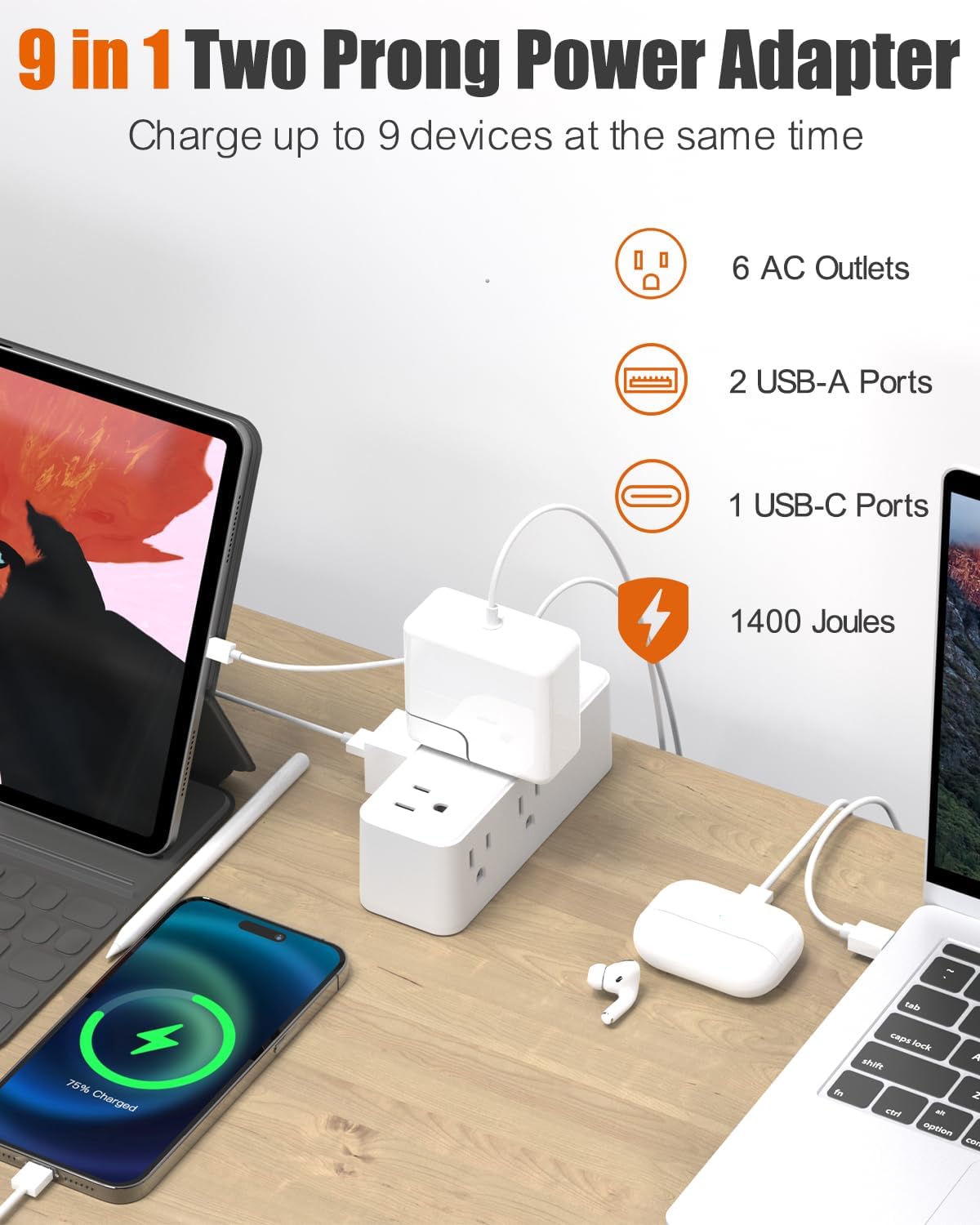 2 Prong Power Strip, WRXDMC 2 Prong to 3 Prong Outlet Adapter,1400J Two Prong Surge Protector,10ft Extension Cord, 6 AC Outlets with 1 USB C Ports and 2 USB A Port, Wall Mountable, Ideal for Old House