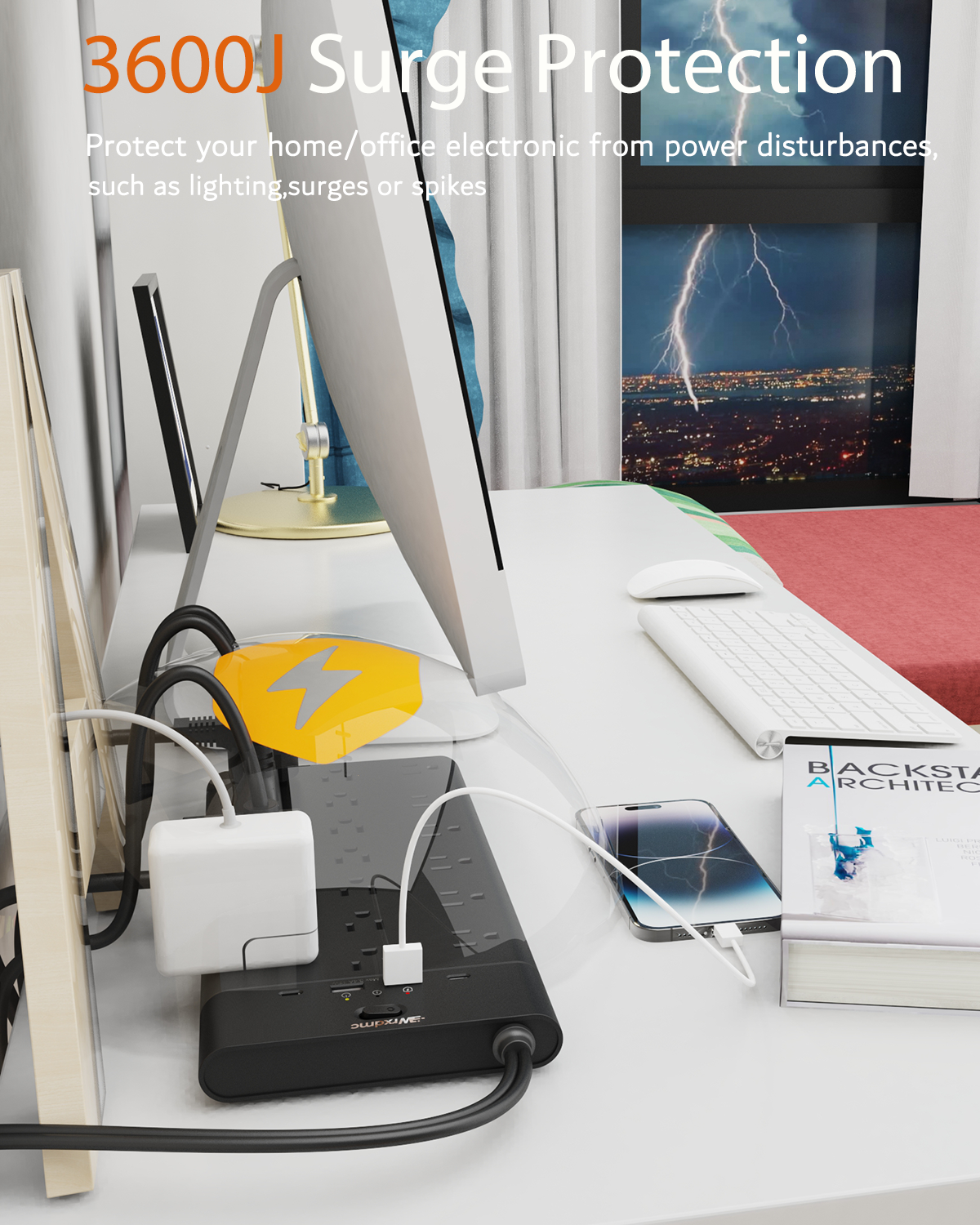 2 Prong Power Strip, WRXDMC 2 Prong to 3 Prong Outlet Adapter, 3600 Joules Surge Protector, 6 Feet Flat Plug Heavy Duty Extension Cord with 19 Widely Outlets, 4 USB Ports, 1875W, Black