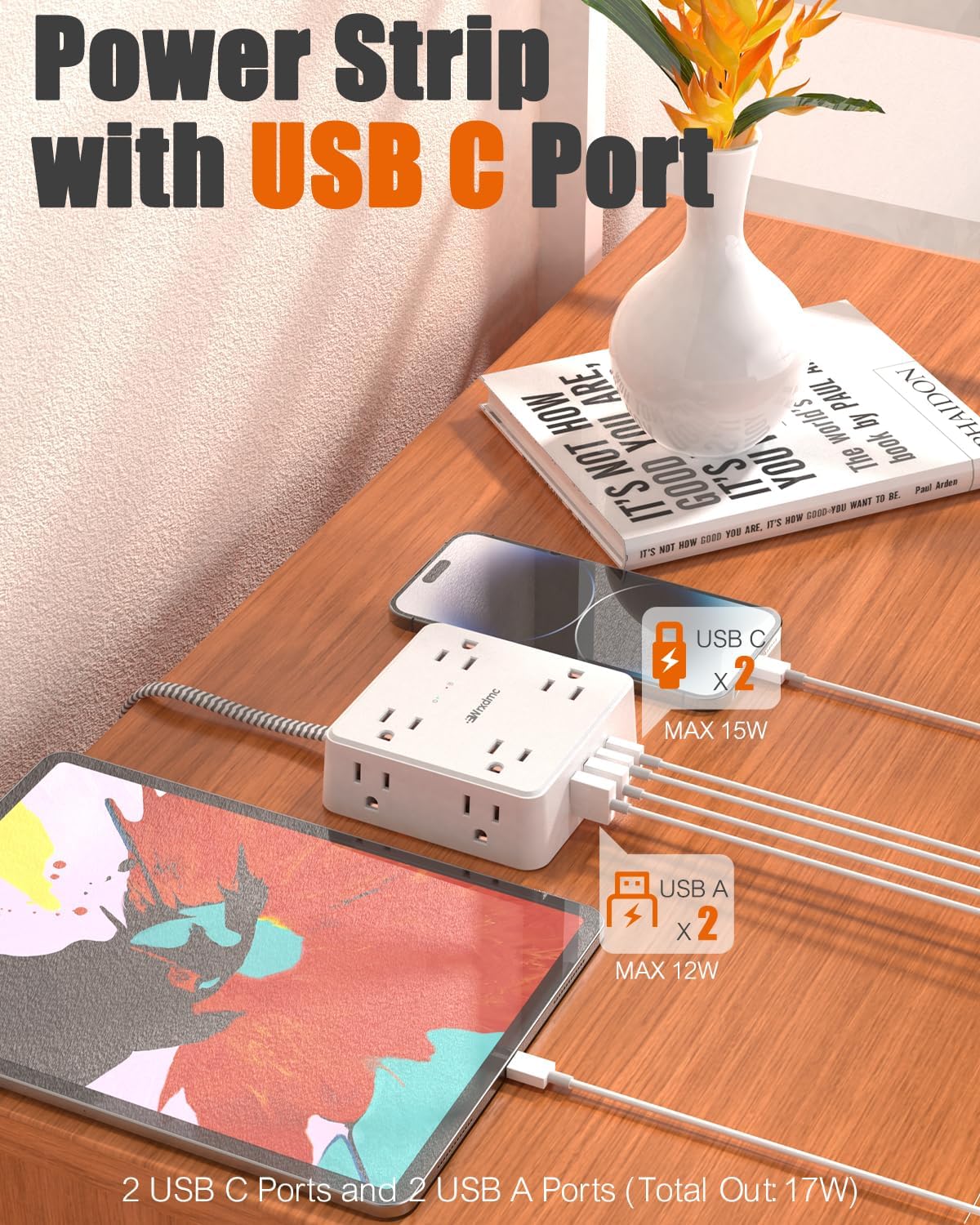 2 Prong Power Strip, WRXDMC 2 Prong to 3 Prong Outlet Adapter, 1400J Two Prong Surge Protector, 5ft Braided Extension Cord with Thin Flat Polarized Plug, 8 AC&4 USB, Wall Mountable for Old House