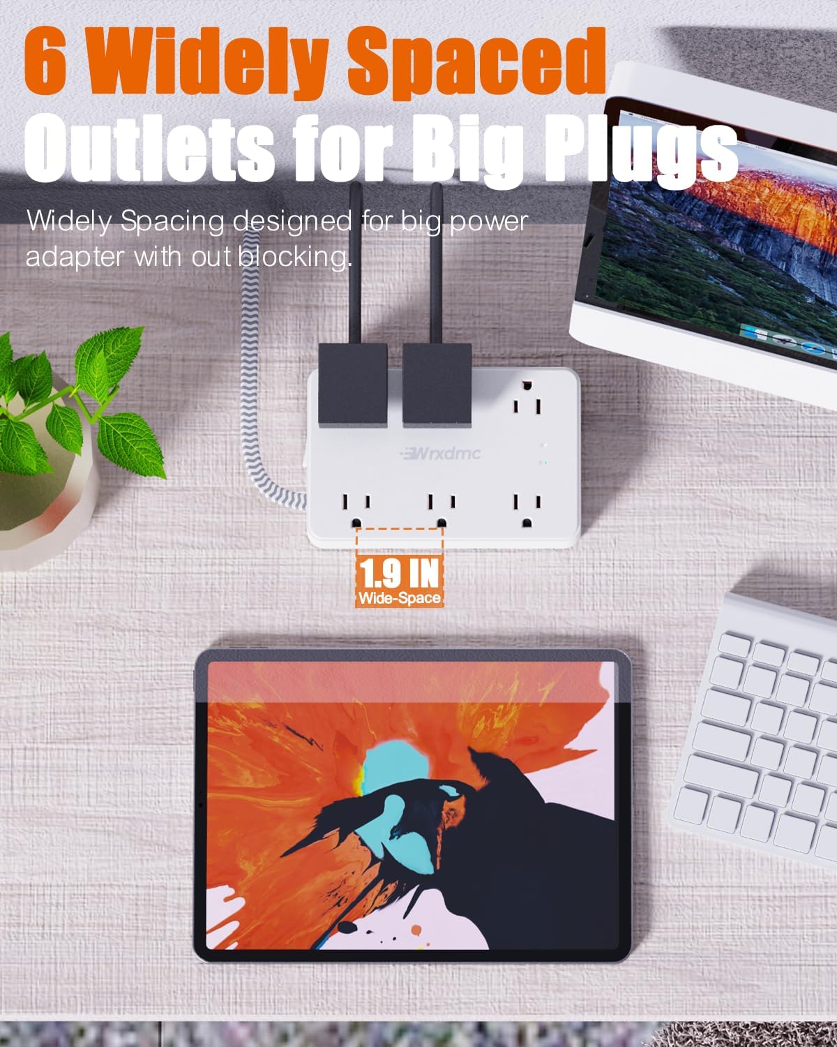 2 Prong Power Strip, WRXDMC 2 Prong to 3 Prong Outlet Adapter, 1400J Two Prong Surge Protector, 6ft Braided Extension Cord with Thin Flat Polarized Plug, 6 AC&4 USB, Wall Mount for Non-Grounded Outlet
