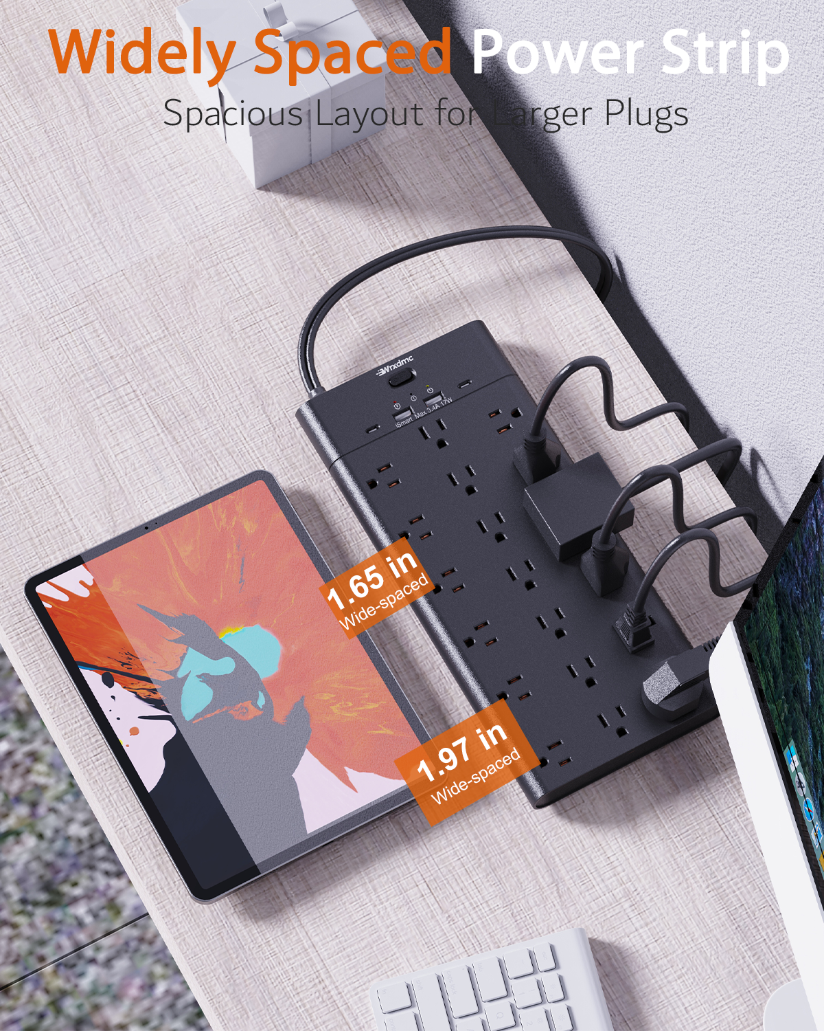 2 Prong Power Strip, WRXDMC 2 Prong to 3 Prong Outlet Adapter, 3600 Joules Surge Protector, 6 Feet Flat Plug Heavy Duty Extension Cord with 19 Widely Outlets, 4 USB Ports, 1875W, Black