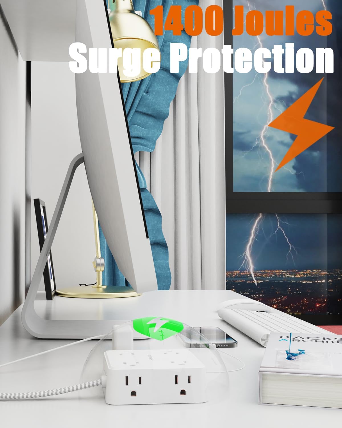 2 Prong Power Strip, WRXDMC 2 Prong to 3 Prong Outlet Adapter, 1400J Two Prong Surge Protector, 5ft Braided Extension Cord with Thin Flat Polarized Plug, 8 AC&4 USB, Wall Mountable for Old House