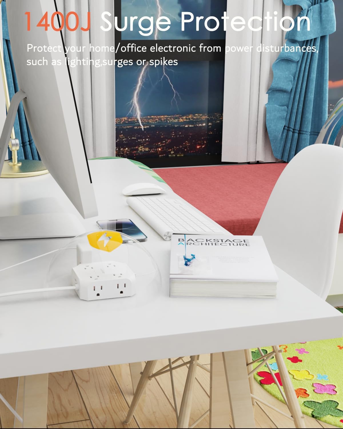 2 Prong Power Strip, WRXDMC 2 Prong to 3 Prong Outlet Adapter, 1400J Two Prong Surge Protector, 5ft Extension Cord, 8 AC Outlets with 2 USB C Port and 2 USB A Port, Wall Mountable, Ideal for Old House