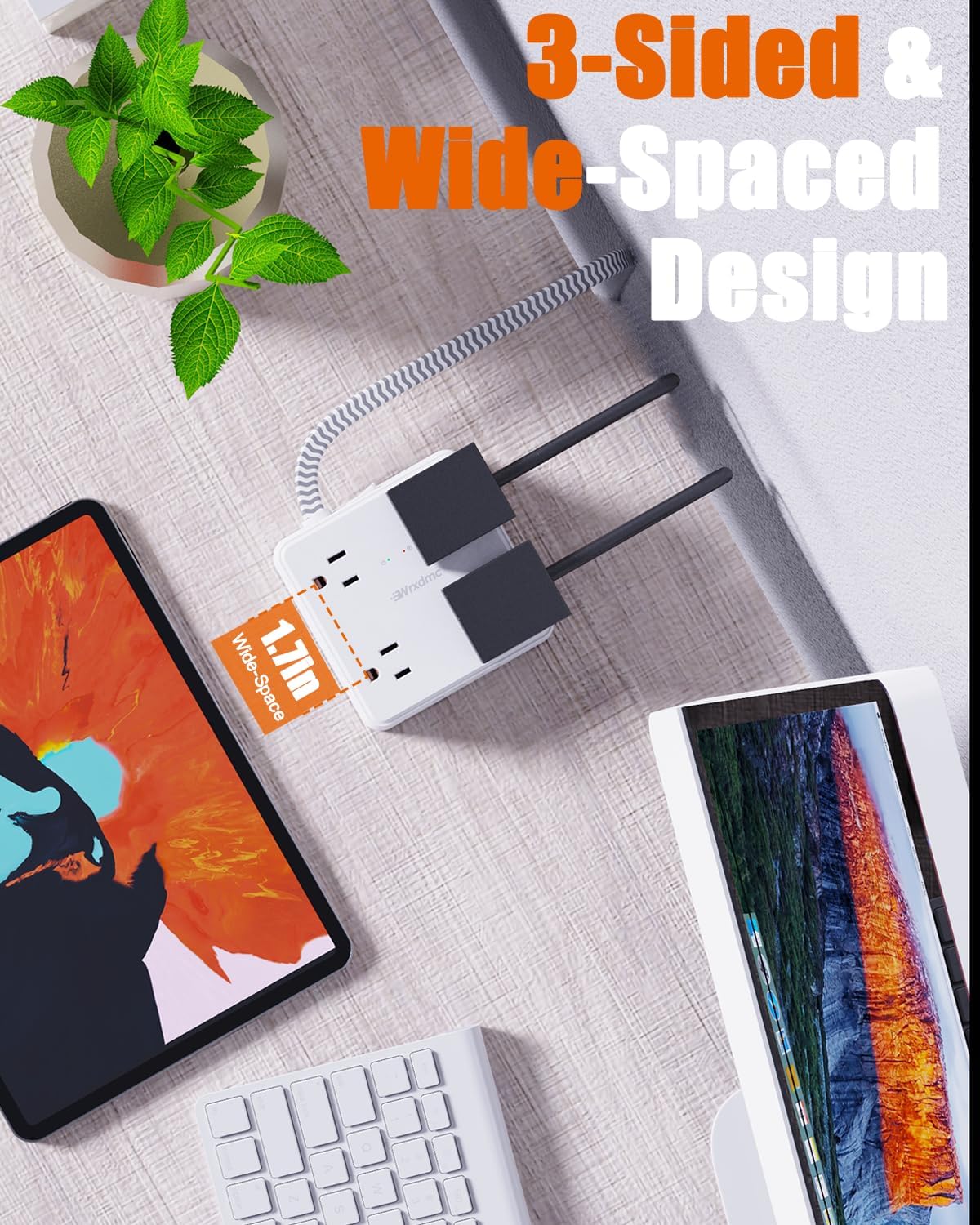 2 Prong Power Strip, WRXDMC 2 Prong to 3 Prong Outlet Adapter, 1400J Two Prong Surge Protector, 5ft Braided Extension Cord with Thin Flat Polarized Plug, 8 AC&4 USB, Wall Mountable for Old House