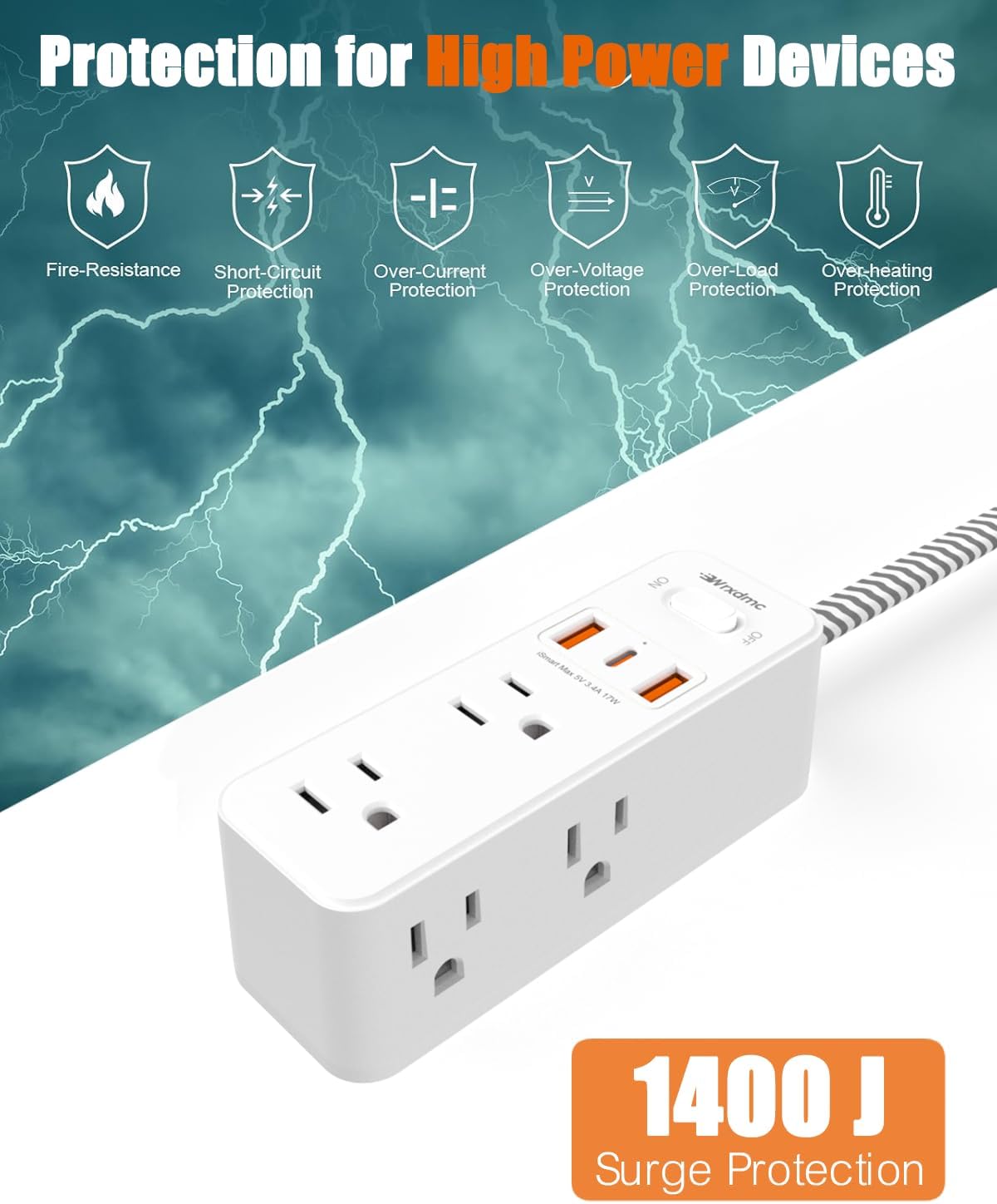 2 Prong Power Strip, WRXDMC 2 Prong to 3 Prong Outlet Adapter,1400J Two Prong Surge Protector,10ft Extension Cord, 6 AC Outlets with 1 USB C Ports and 2 USB A Port, Wall Mountable, Ideal for Old House