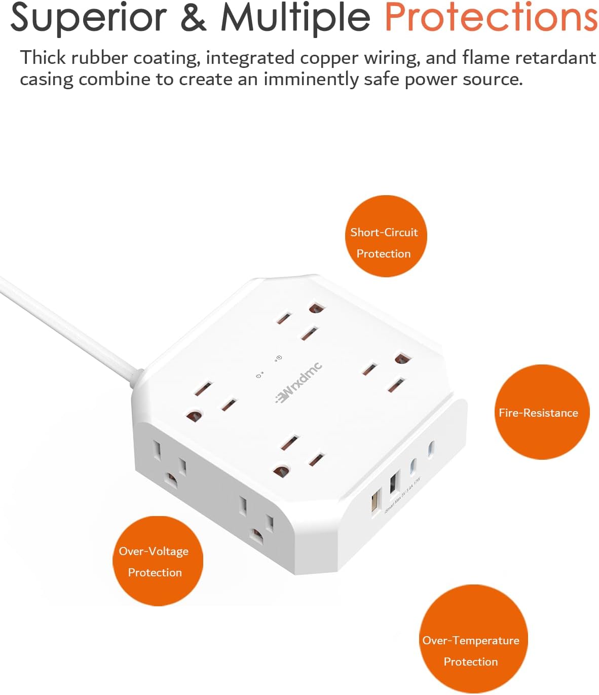 2 Prong Power Strip, WRXDMC 2 Prong to 3 Prong Outlet Adapter, 1400J Two Prong Surge Protector, 5ft Extension Cord, 8 AC Outlets with 2 USB C Port and 2 USB A Port, Wall Mountable, Ideal for Old House